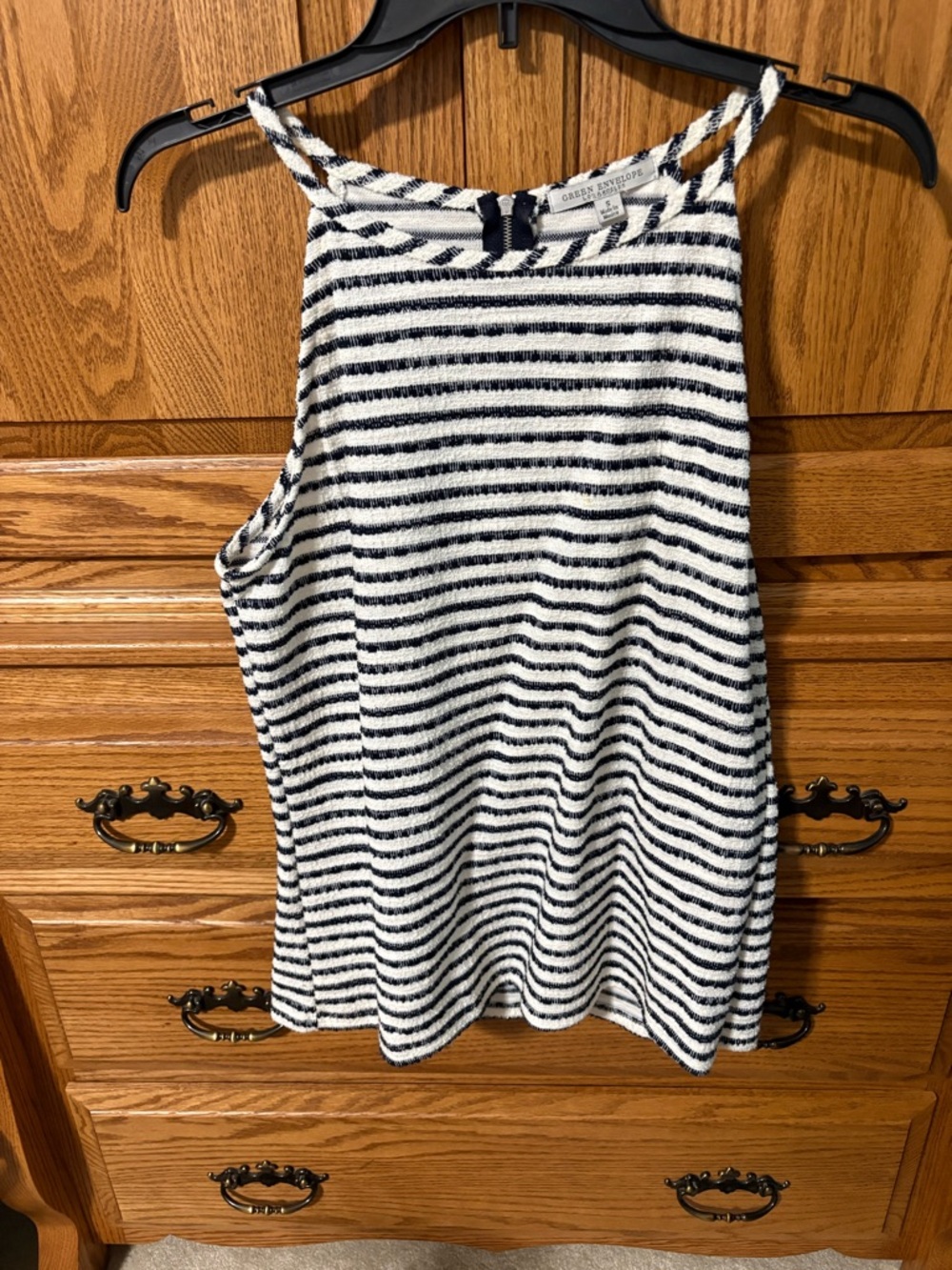 Green Envelope Navy and White Striped Tank Top